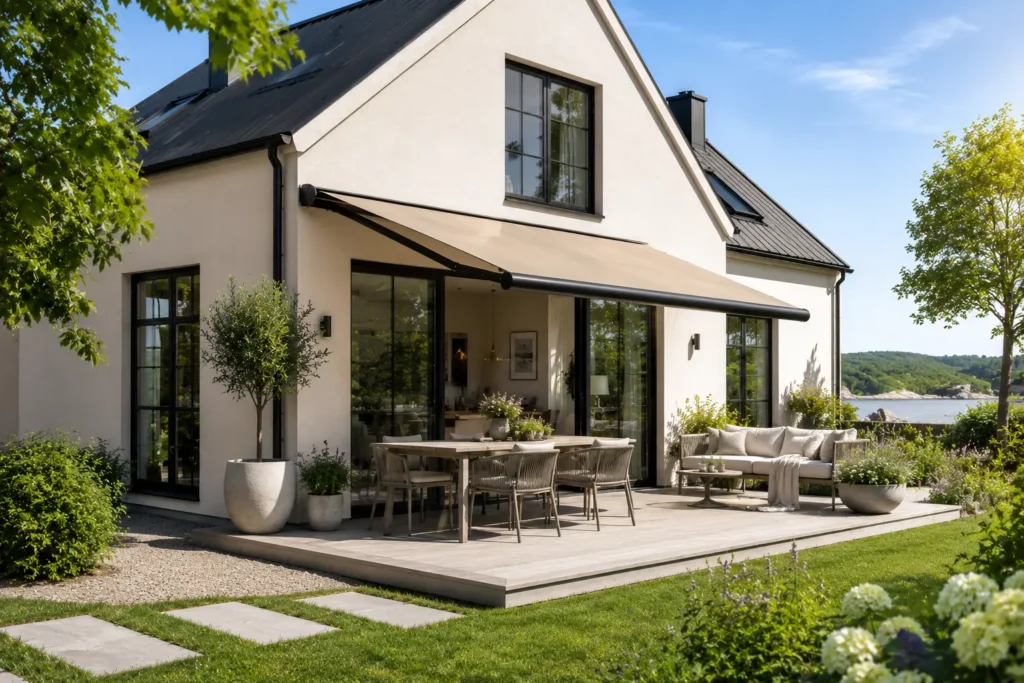Grå villa med markis i danderyd