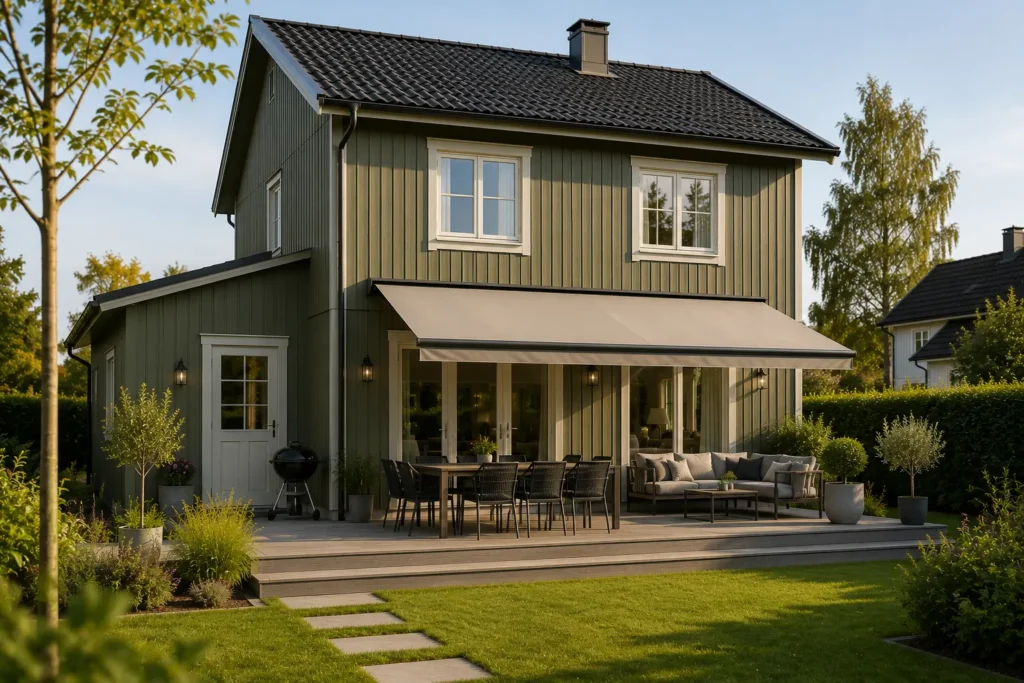 Grönt hus med markis i hässelby