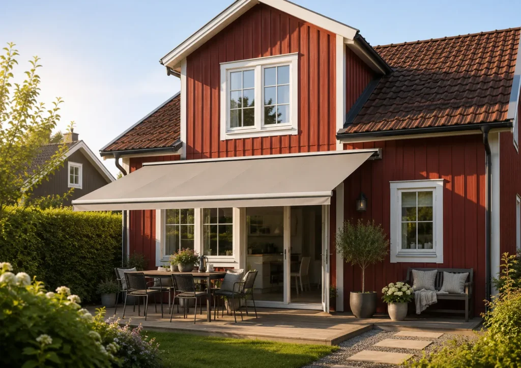 Liten röd villa med markis i sollentuna