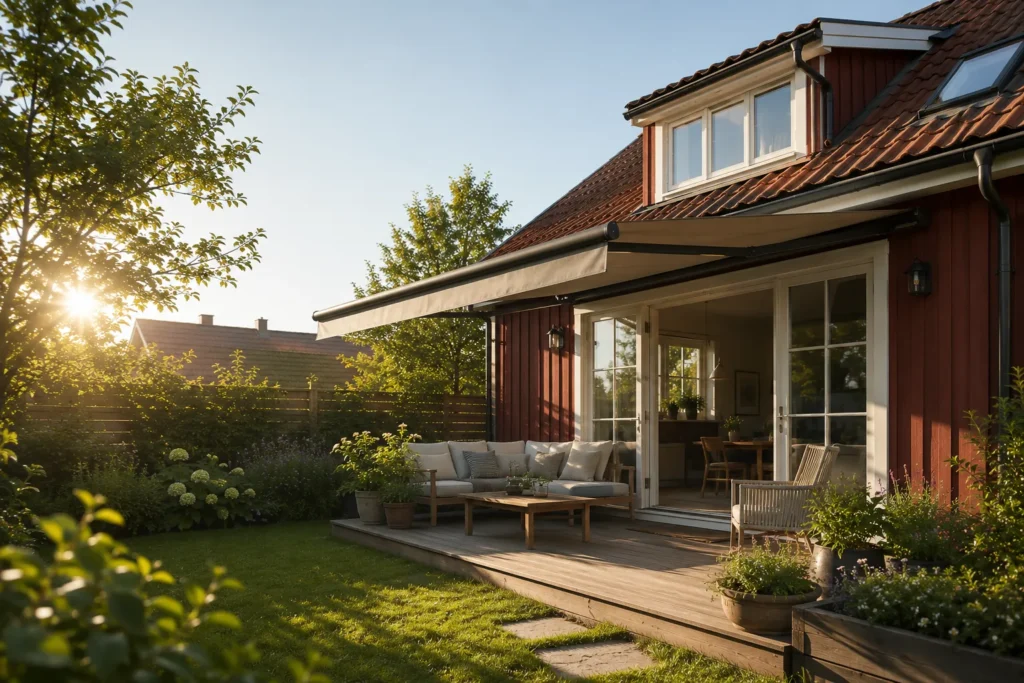 Röd villa i bromma med en markis