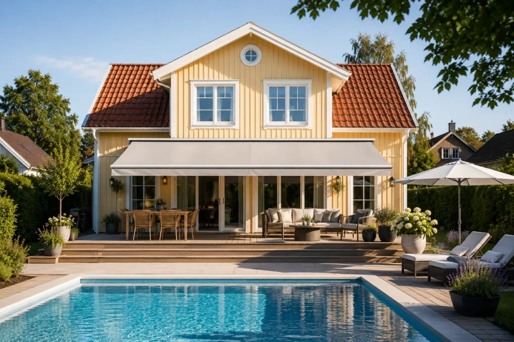 Villa med pool och markis i sollentuna