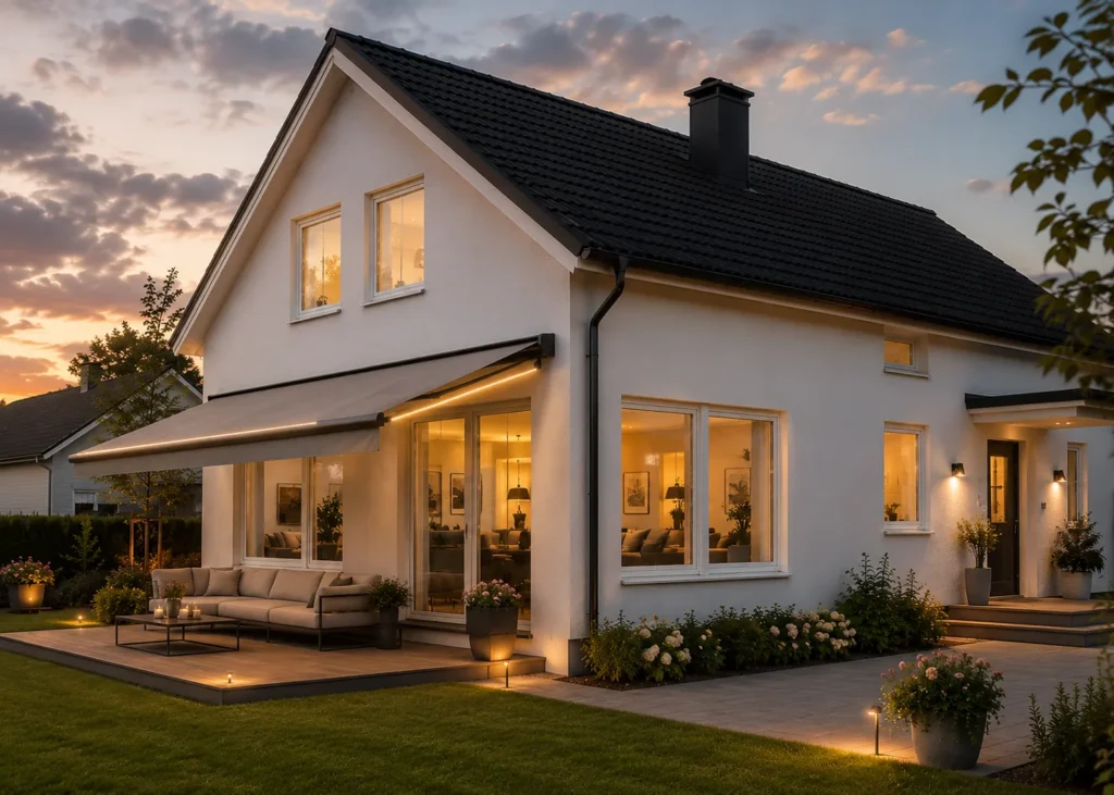 Terrassmarkis på putsad villa